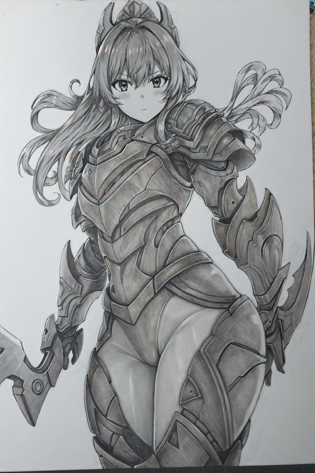 00865-2363546522-masterpiece, best quality, 1girl,hand_drawn,monochrome,armor,.png